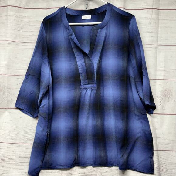 J. Jill Blue Plaid Notch V-Neck Pullover Rayon Blouse Tunic Top Size XL - Picture 1 of 12